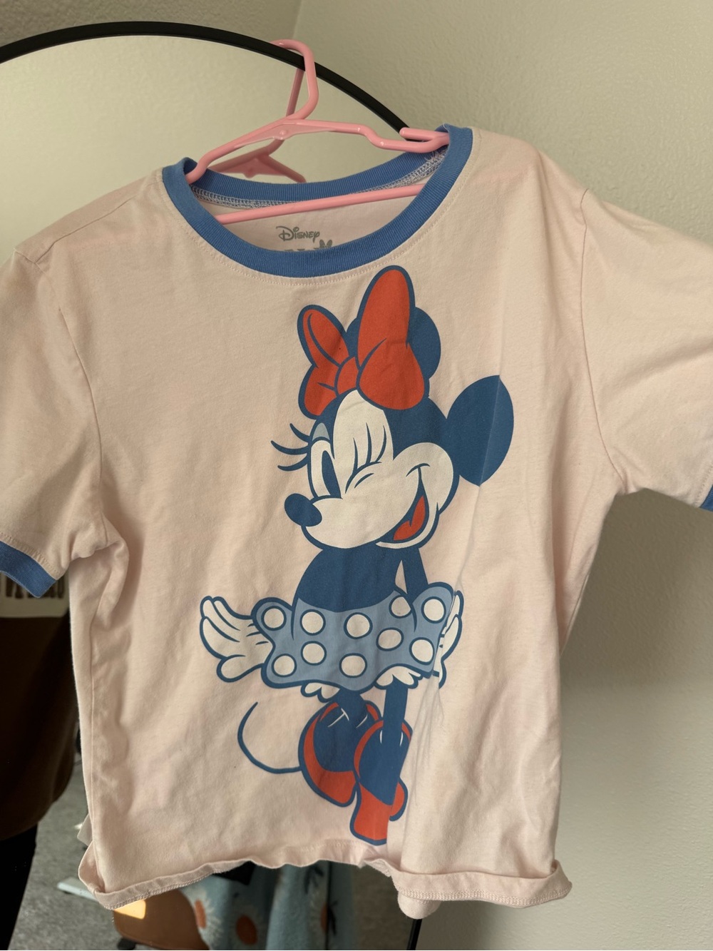 Disney Pink Tee with Blue Minnie Graphic and Red Accents